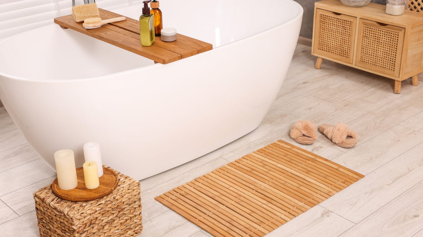 Houten vloer in een badkamer met vrijstaand bad: ook in vochtige ruimtes kan hout, mits de juiste keuze