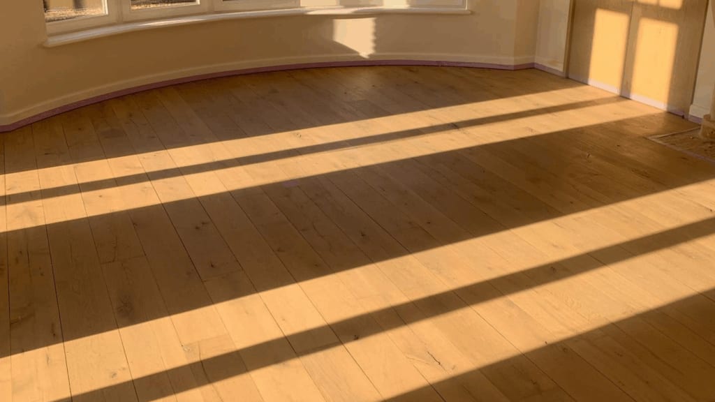 Brede eiken planken in warm tegenlicht, met de nerf duidelijk zichtbaar